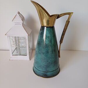 Vintage Oppenheim Turquoise Enamel & Solid Brass Pitcher Jug Made in Israel 11''